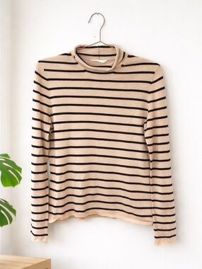 Striped Beige and Black Mock Neck Everlane Sweater